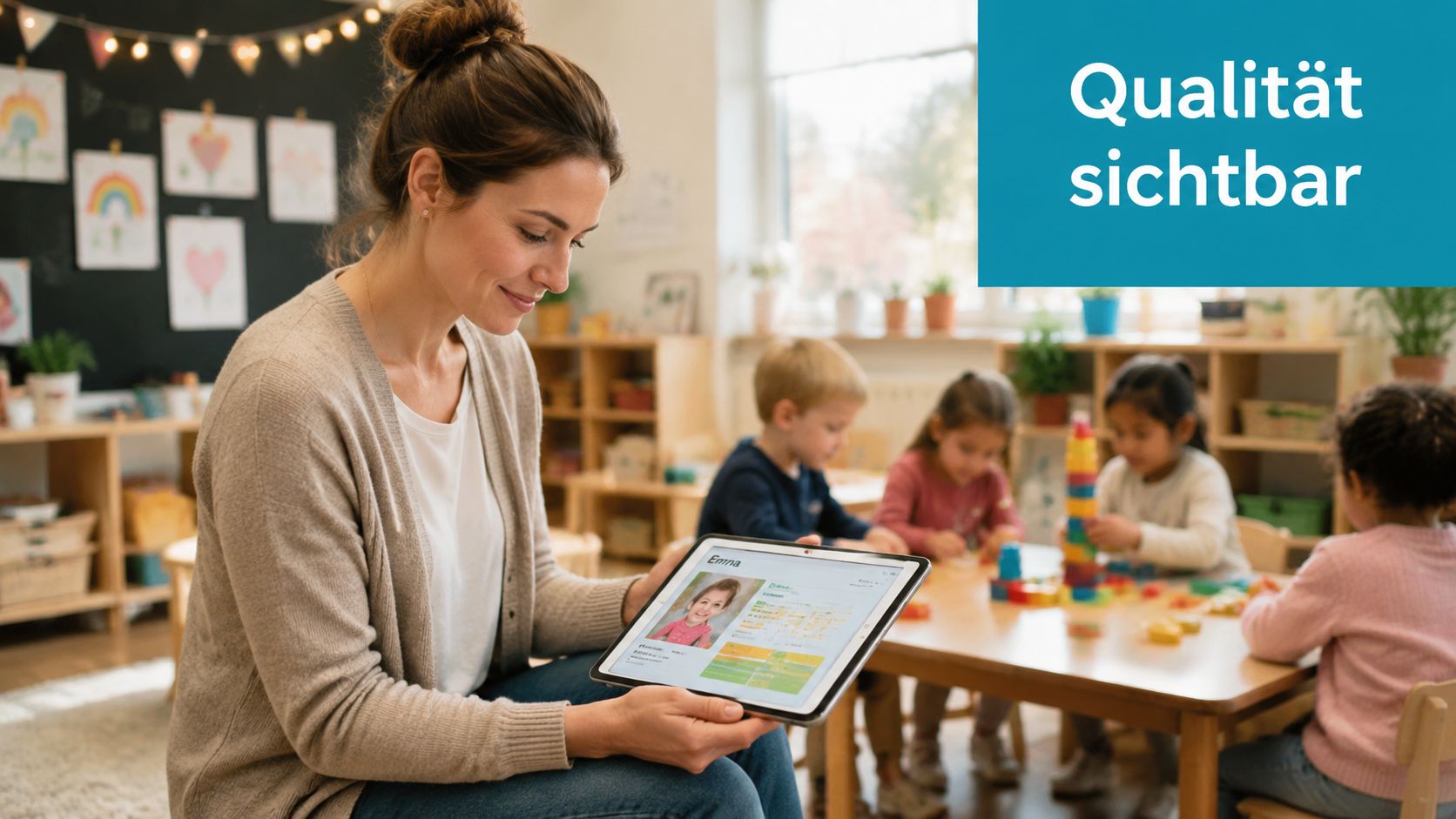 Eine Erzieherin betrachtet das Profil eines Kindes auf ihrem Tablet, während Kinder im Hintergrund in der Kita spielen.