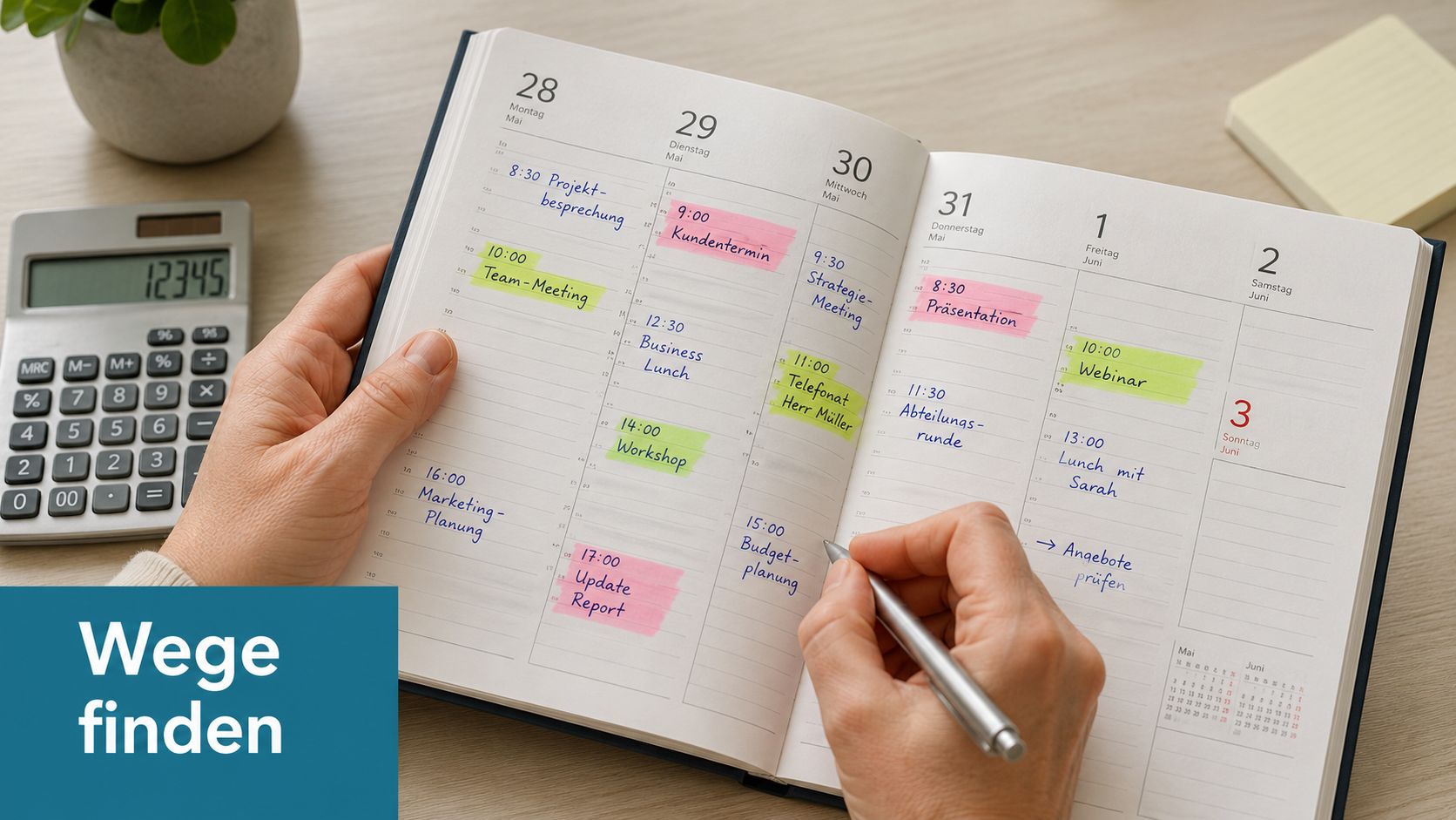 Eine Person schreibt mit einem Stift Termine in einen Kalender auf einem Schreibtisch mit Taschenrechner.