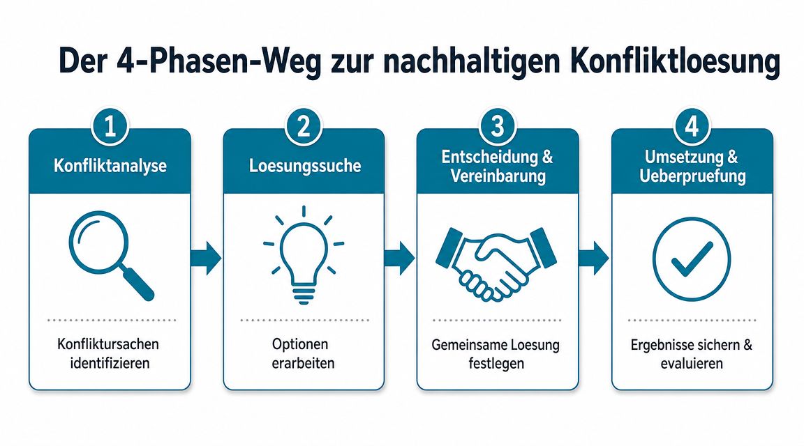 Grafik zum 4-Phasen-Weg zur nachhaltigen Konfliktlösung im Team von der Analyse bis zur Überprüfung der Ergebnisse.