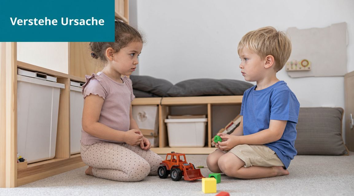 Zwei kleine Kinder sitzen im Kinderzimmer auf dem Boden und schauen sich beim gemeinsamen Spielen ernst an.
