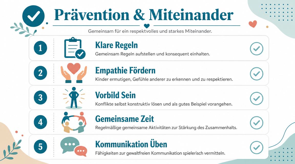 Infografik zur Prävention und zum respektvollen Miteinander mit fünf Schritten für ein starkes gemeinsames Leben.