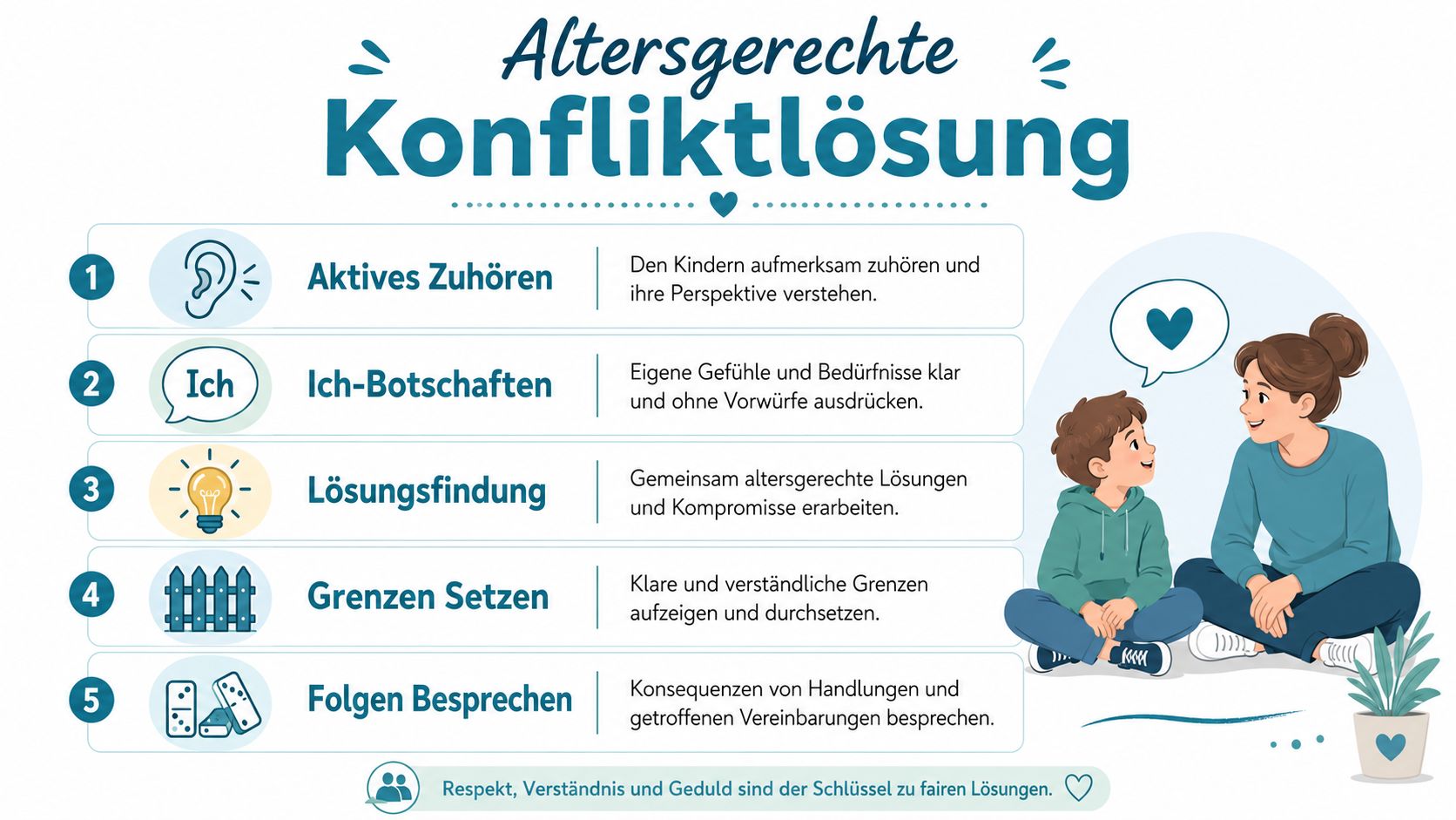 Eine Infografik mit fünf Schritten zur altersgerechten Konfliktlösung zwischen Erwachsenen und Kindern inklusive erklärender Symbole.