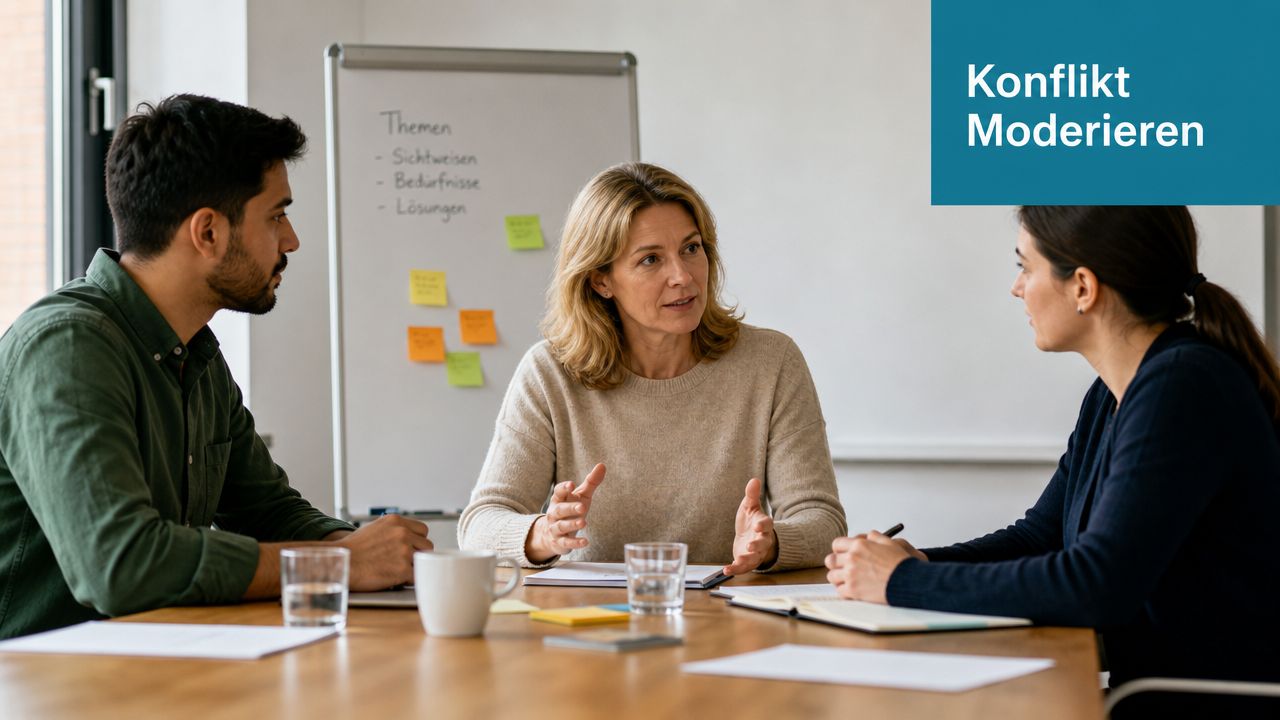Eine Moderatorin bespricht in einem Team-Meeting konstruktiv Möglichkeiten, um verschiedene Konflikte im Arbeitsalltag professionell zu lösen.