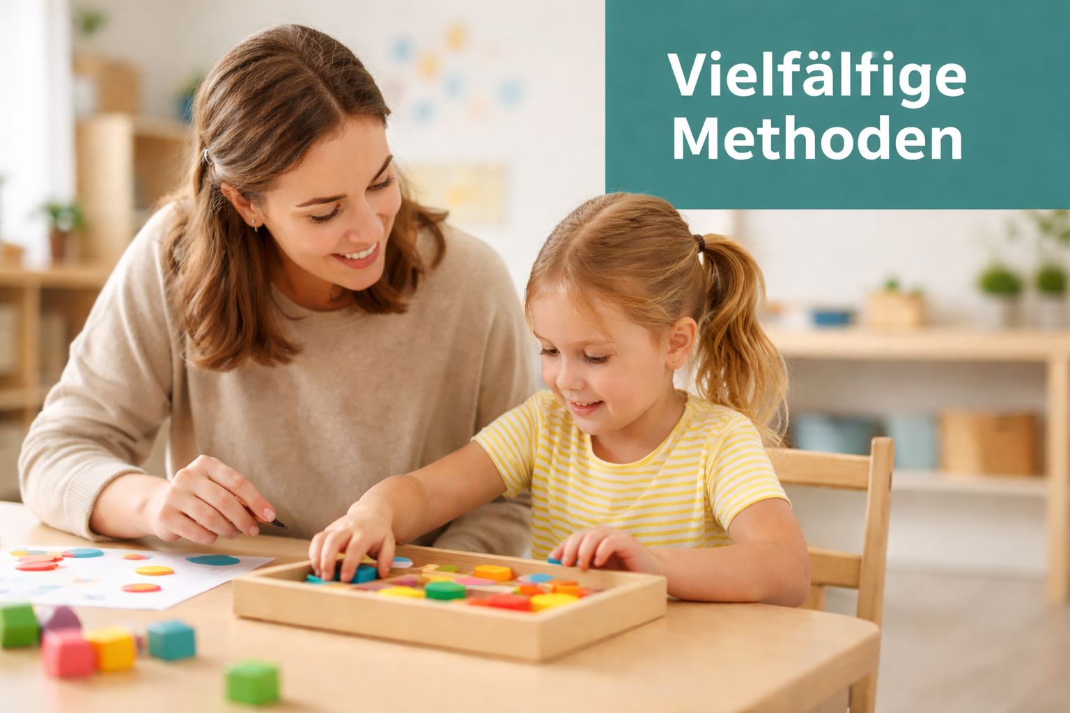 Eine Lehrerin begleitet ein junges Mädchen bei einer Lernaktivität mit bunten Holzformen an einem hellen Schreibtisch.