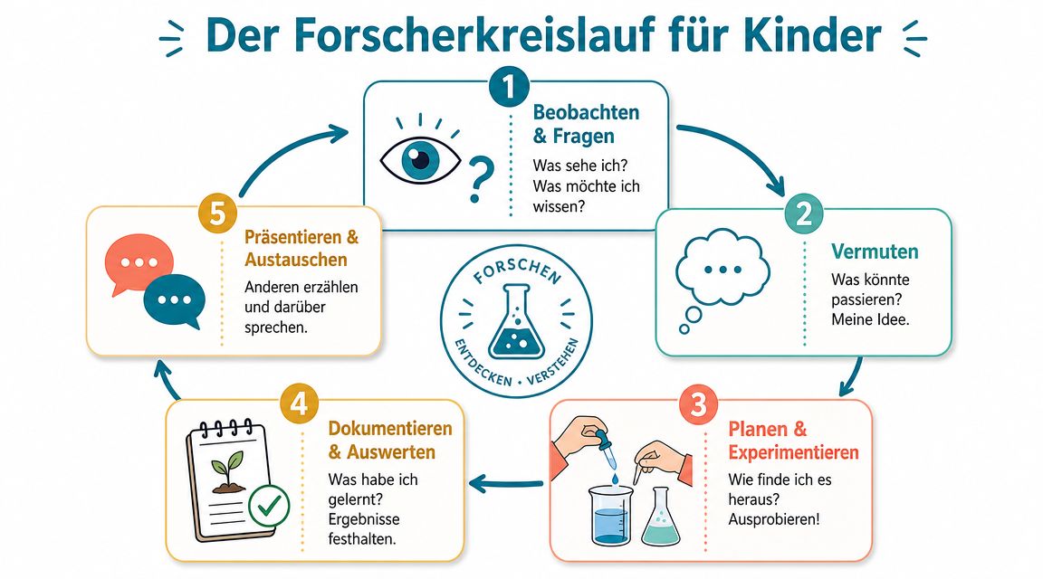 Ein grafischer Kreislauf für Kinder, der die fünf Schritte des wissenschaftlichen Arbeitens und Forschens anschaulich darstellt.