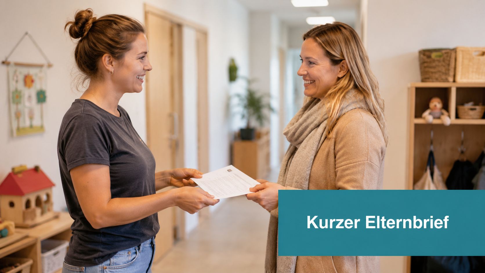 Eine Erzieherin überreicht einer Mutter in einem Kindergarten einen Brief zur Eingewöhnung ihrer Kinder.
