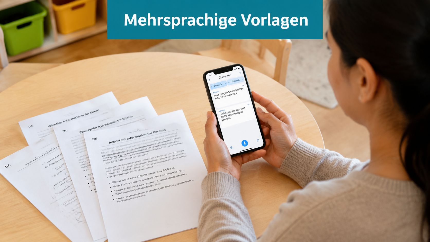 Eine Frau hält ein Smartphone mit einer Übersetzungs-App über mehrsprachigen Informationsschreiben für Eltern in einer Kita.