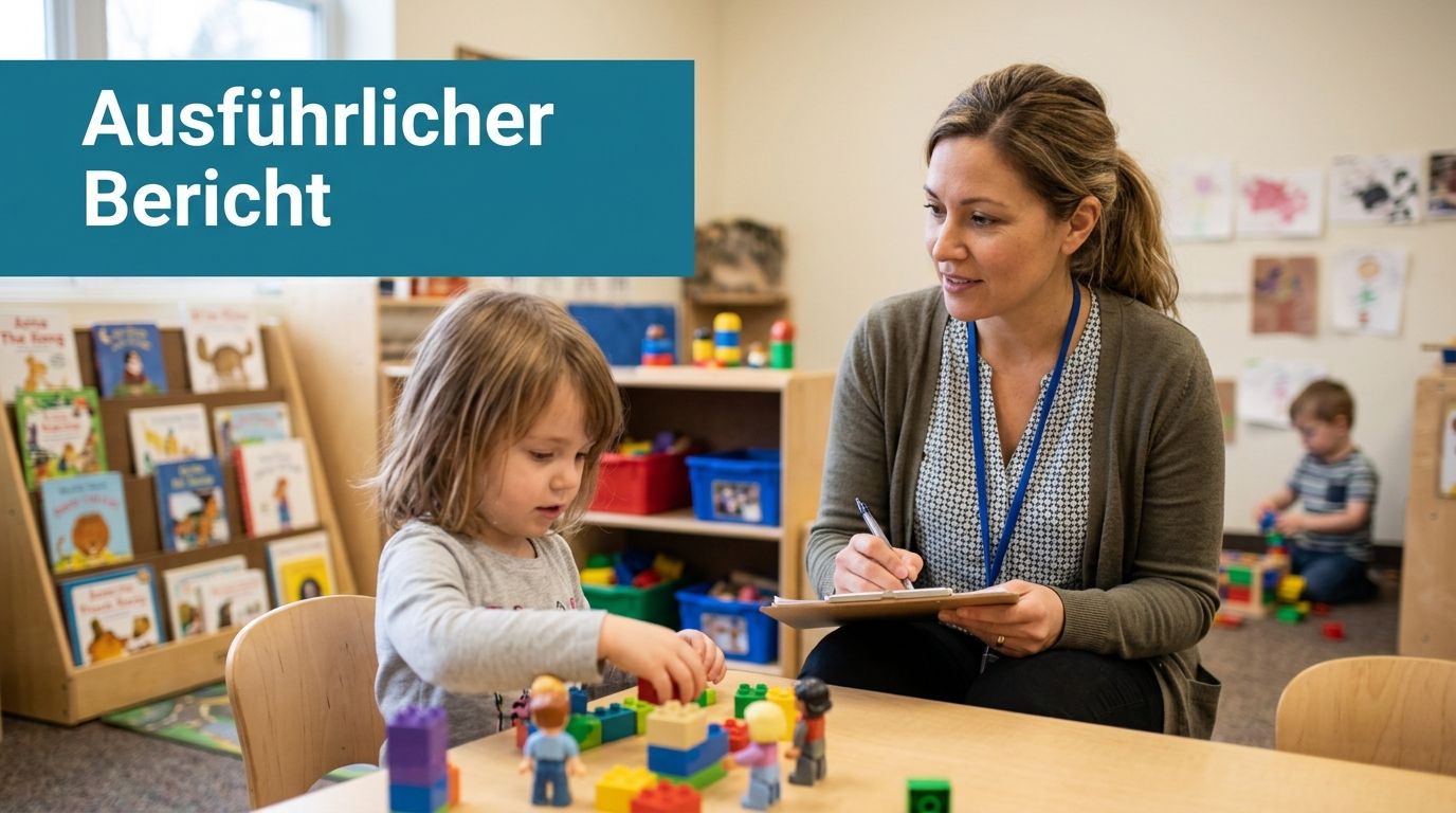 Eine Erzieherin beobachtet ein Kind beim Spielen mit Bausteinen und notiert ihre Beobachtungen in einem Bericht.