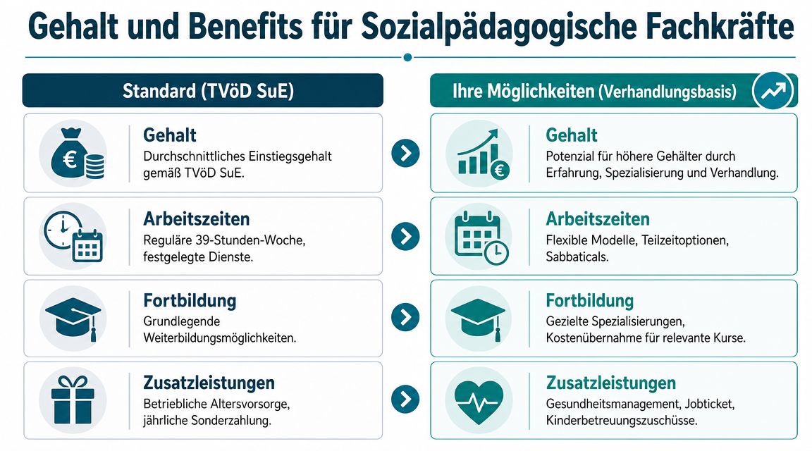 Vergleich zwischen standardmäßigen TVöD SuE Arbeitsbedingungen und individuellen Verhandlungsmöglichkeiten für sozialpädagogische Fachkräfte in einer übersichtlichen Grafik.
