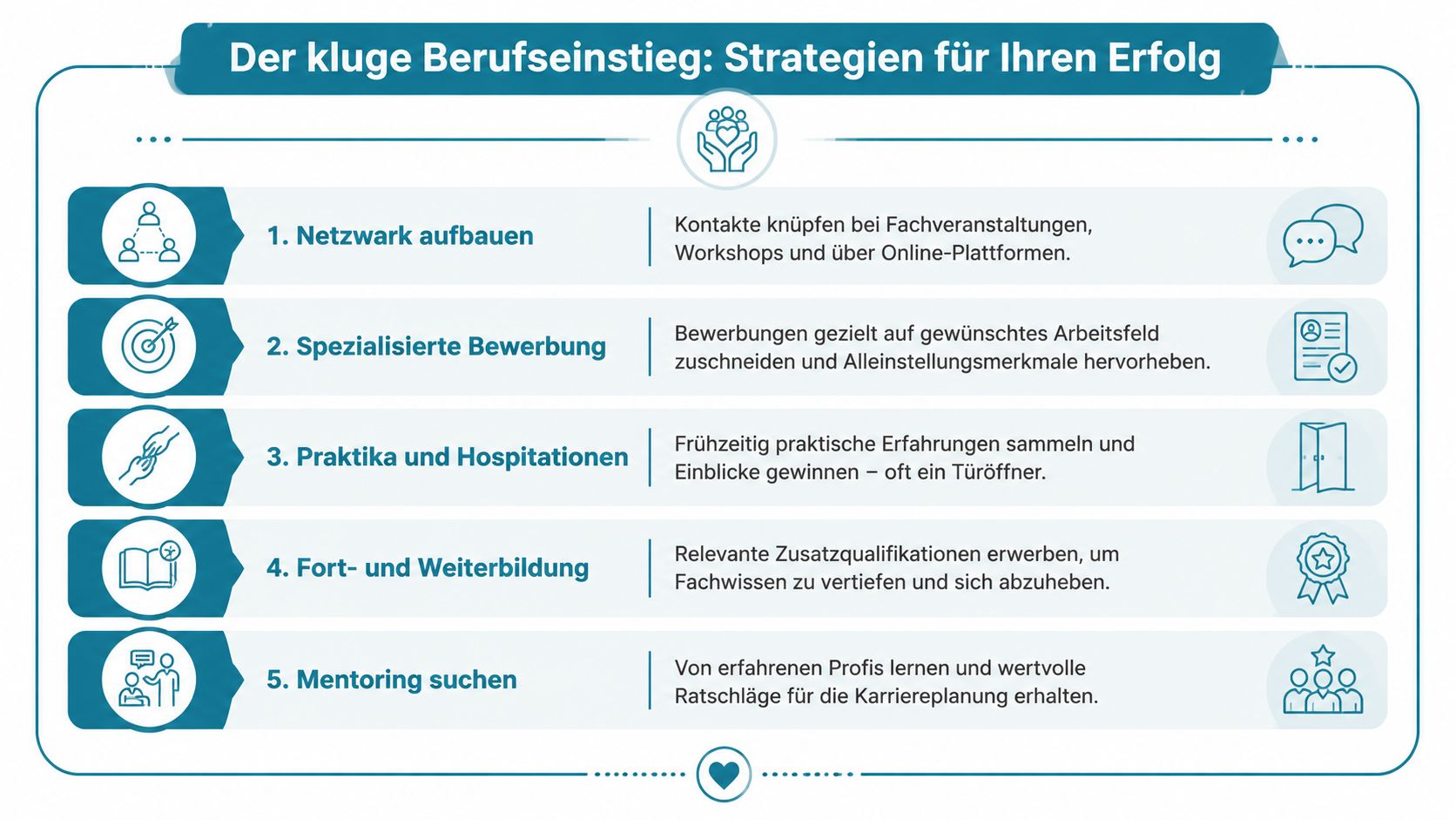 Eine Infografik zum klugen Berufseinstieg mit fünf strategischen Tipps für den beruflichen Erfolg.