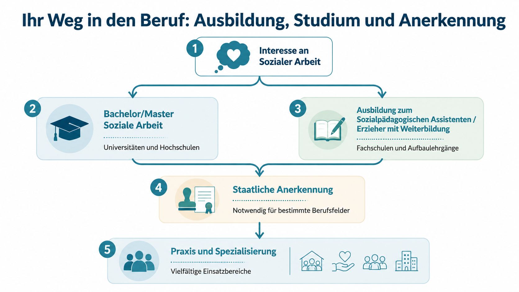 Grafische Darstellung des Weges in den Beruf der Sozialen Arbeit durch Ausbildung, Studium und staatliche Anerkennung.
