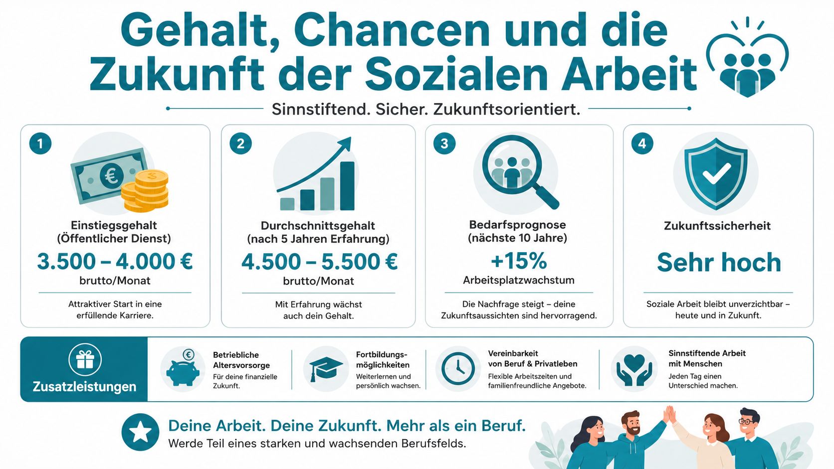 Eine Infografik über Gehalt, Karrierechancen und die hohe Zukunftssicherheit im Bereich der Sozialen Arbeit.