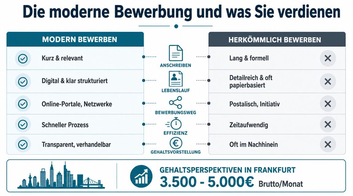 Vergleich zwischen moderner und herkömmlicher Bewerbung mit Gehaltsperspektiven für Fachkräfte in Frankfurt am Main.