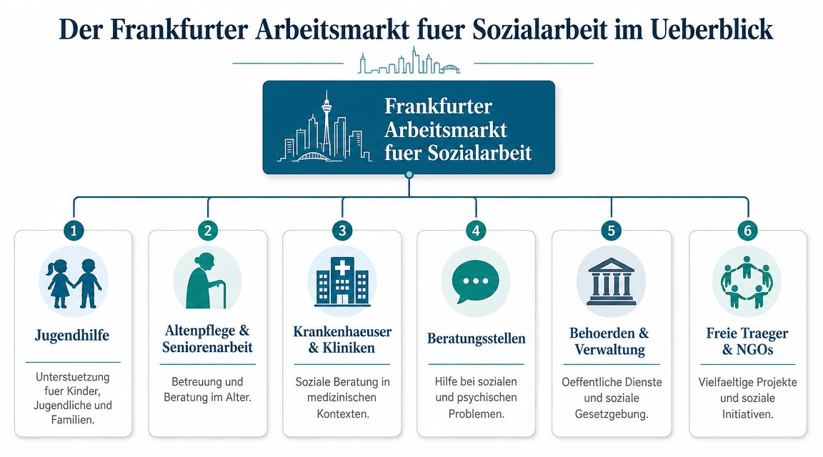 Übersichtsgrafik über die verschiedenen Einsatzbereiche für Sozialarbeiter auf dem Frankfurter Arbeitsmarkt, von Jugendhilfe bis zu NGOs.