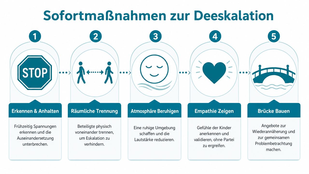 Eine Infografik mit fünf Schritten für Sofortmaßnahmen zur Deeskalation von Konflikten zwischen Kindern in pädagogischen Kontexten.