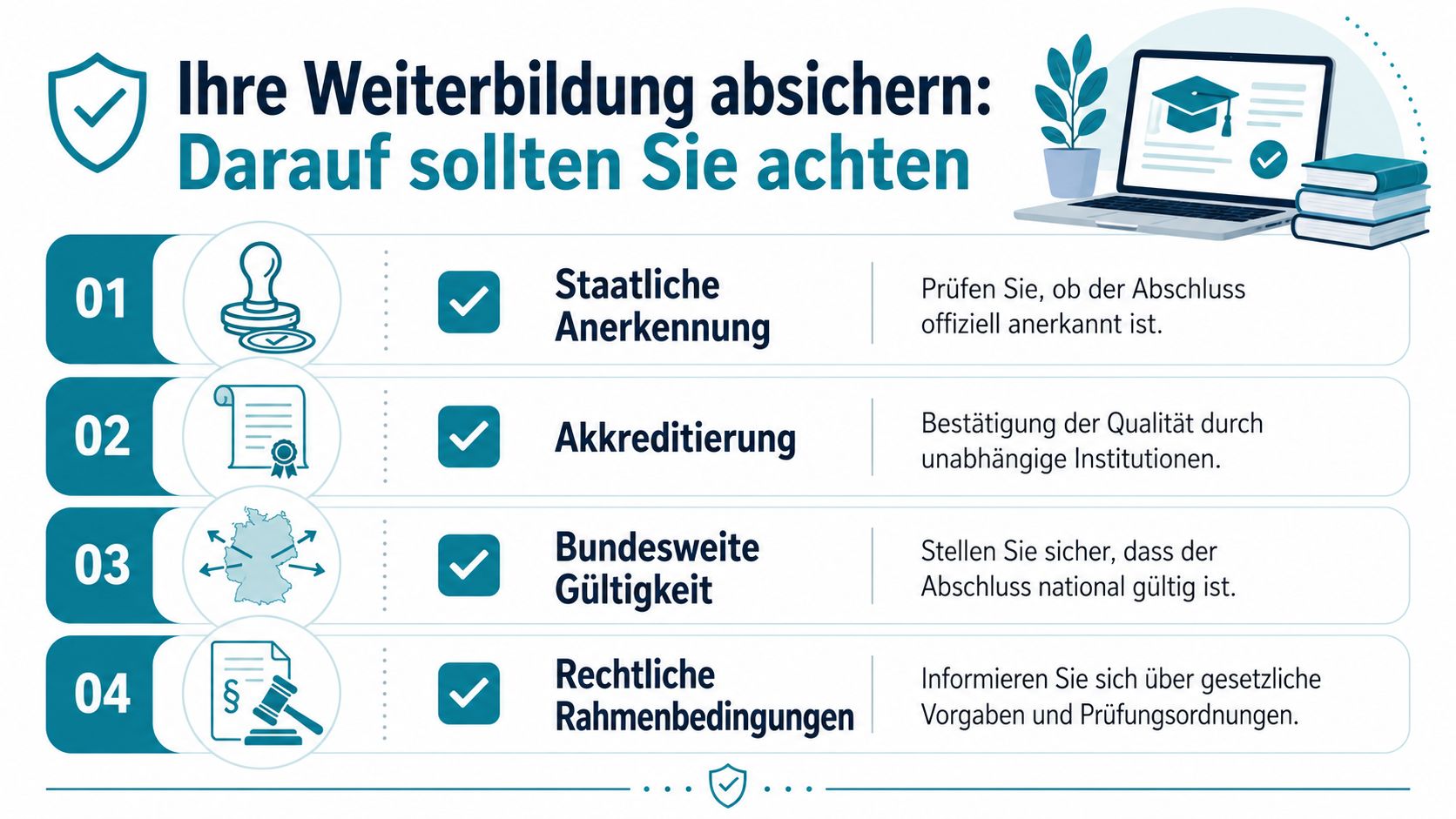 Eine Infografik zur Absicherung der Weiterbildung, die wichtige Kriterien wie staatliche Anerkennung, Akkreditierung und rechtliche Rahmenbedingungen erläutert.