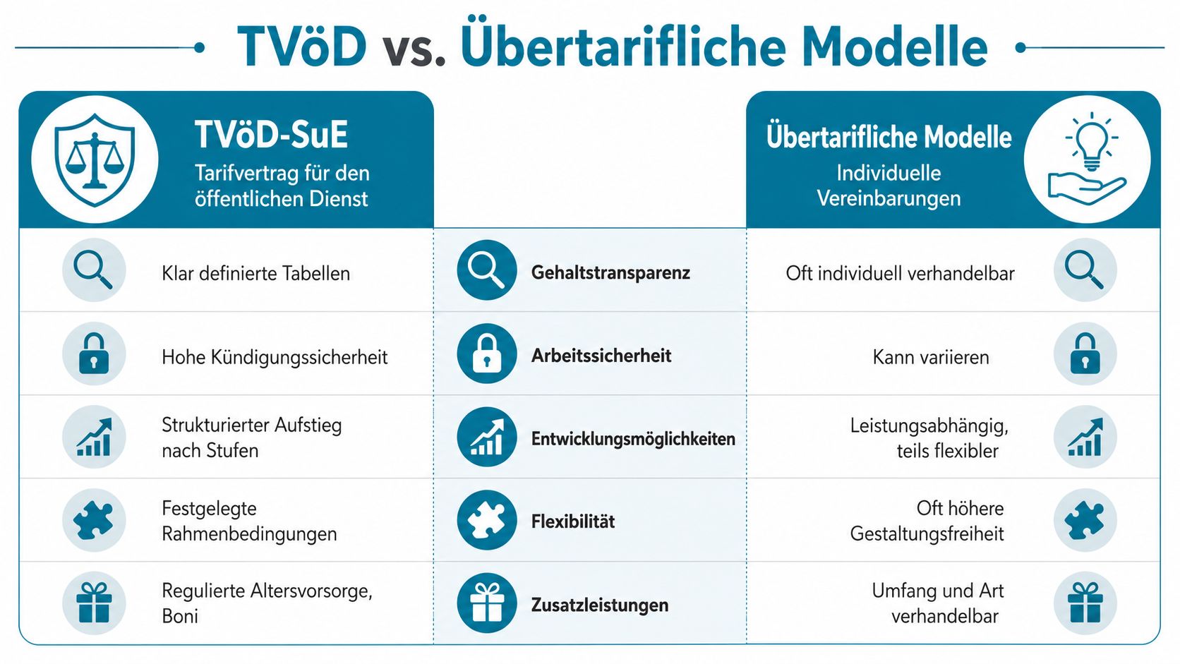 Vergleichsgrafik zwischen dem TVöD-SuE Tarifvertrag für den öffentlichen Dienst und individuellen übertariflichen Arbeitsvertragsmodellen für Fachkräfte.