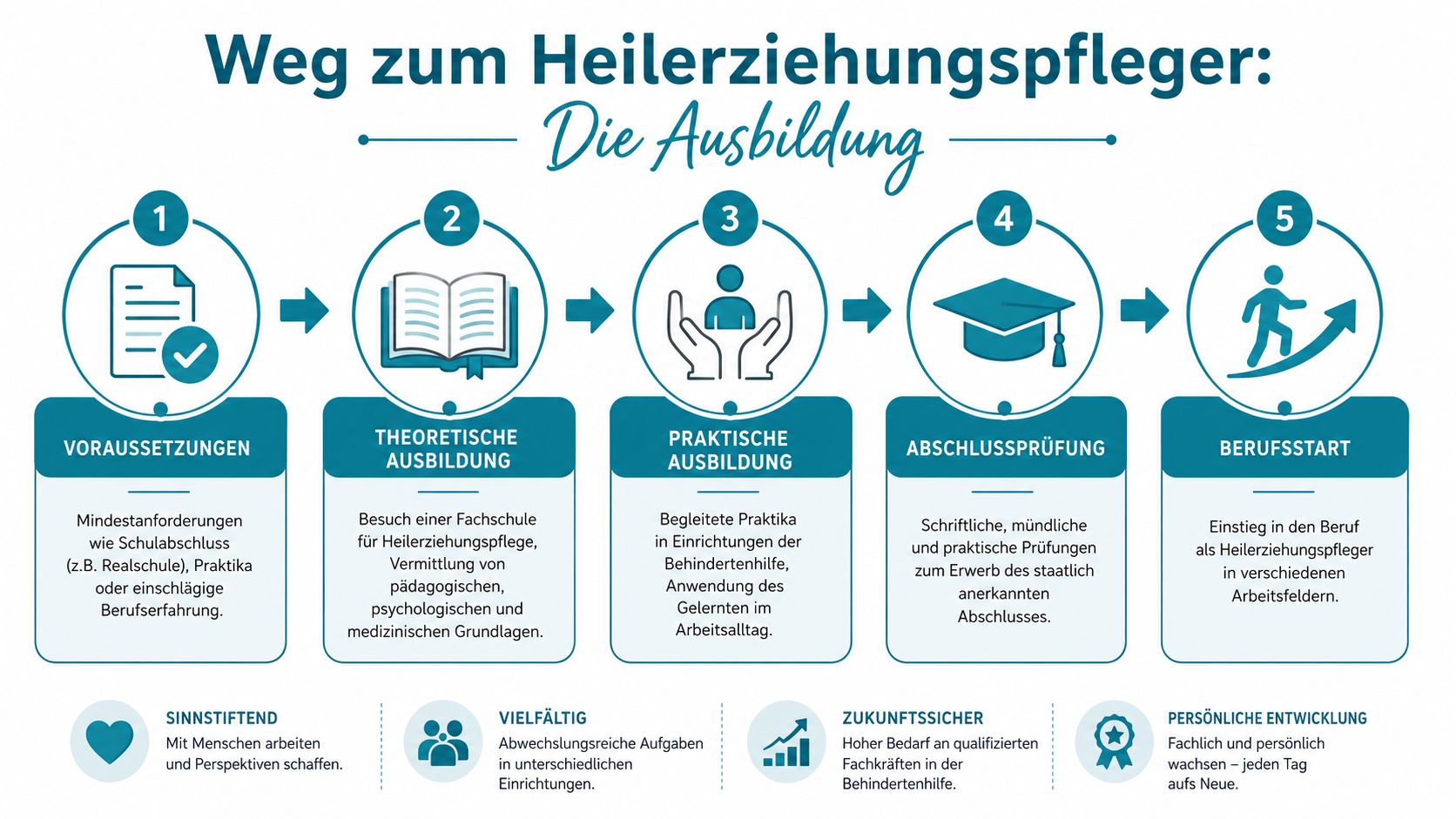 Eine Infografik, die die fünf Schritte der Ausbildung zum Heilerziehungspfleger und deren Vorteile übersichtlich darstellt.