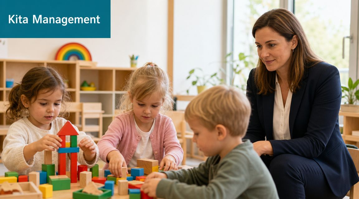Eine Kita-Leiterin beobachtet Kinder beim gemeinsamen Spielen mit bunten Holzbausteinen in einem freundlichen Gruppenraum.