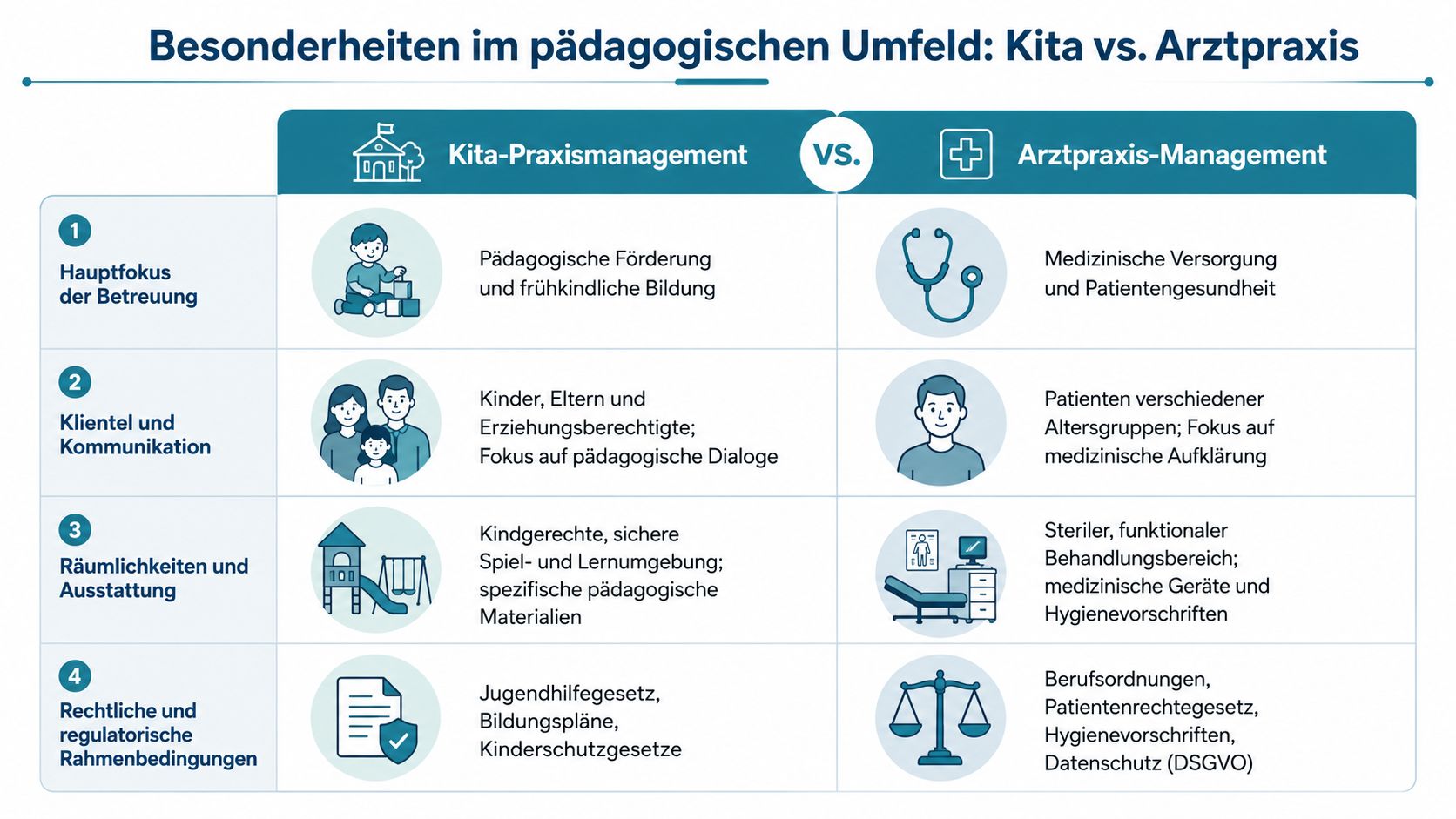 Vergleichstabelle zwischen Kita-Praxismanagement und Arztpraxis-Management bezüglich Fokus, Klientel, Räumlichkeiten und rechtlichen Rahmenbedingungen.