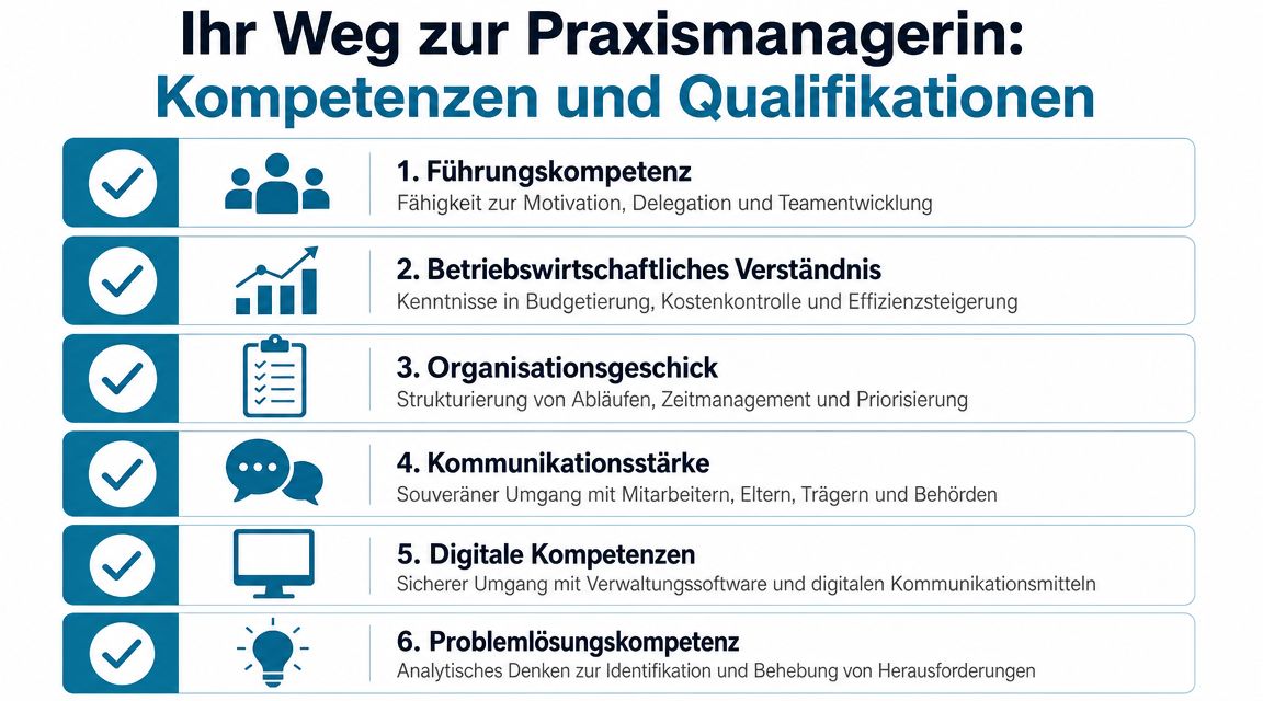 Eine Infografik mit sechs wichtigen Kompetenzen und Qualifikationen für den Beruf der Praxismanagerin im Gesundheitswesen.