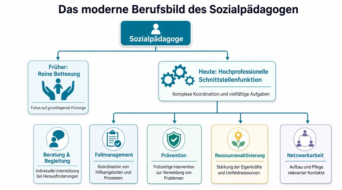 Grafik zur Entwicklung des modernen Berufsbildes von Sozialpädagogen von früherer Betreuung hin zur heutigen komplexen Schnittstellenfunktion.