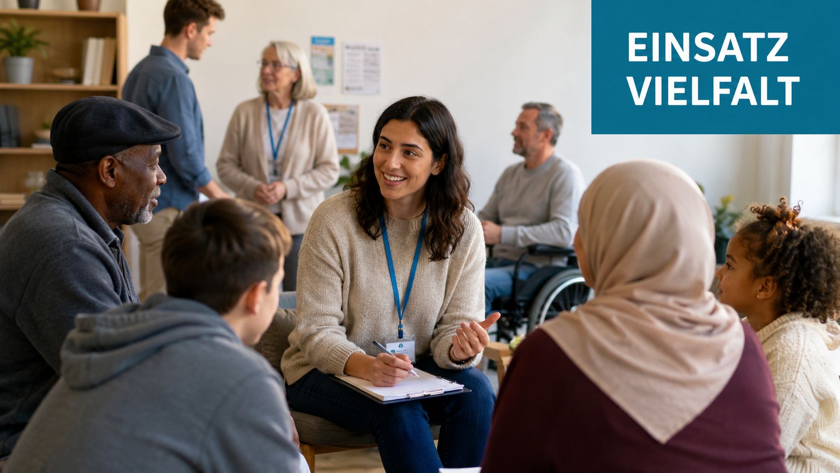 Eine freundliche Sozialarbeiterin führt in einem Gemeinschaftsraum ein helfendes Beratungsgespräch mit einer vielfältigen Gruppe von Menschen.