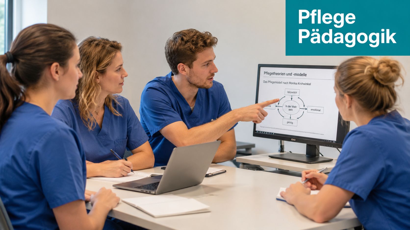 Pflegepädagogik-Studierende sitzen bei einer gemeinsamen Gruppenarbeit im Büro und betrachten ein Pflegemodell am Computerbildschirm.