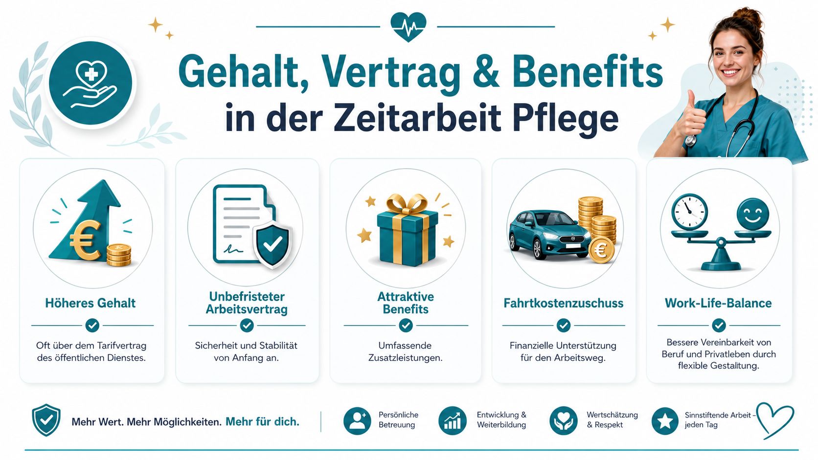 Infografik zu Gehalt, unbefristetem Arbeitsvertrag und weiteren Vorteilen in der Zeitarbeit Pflege für medizinisches Fachpersonal.