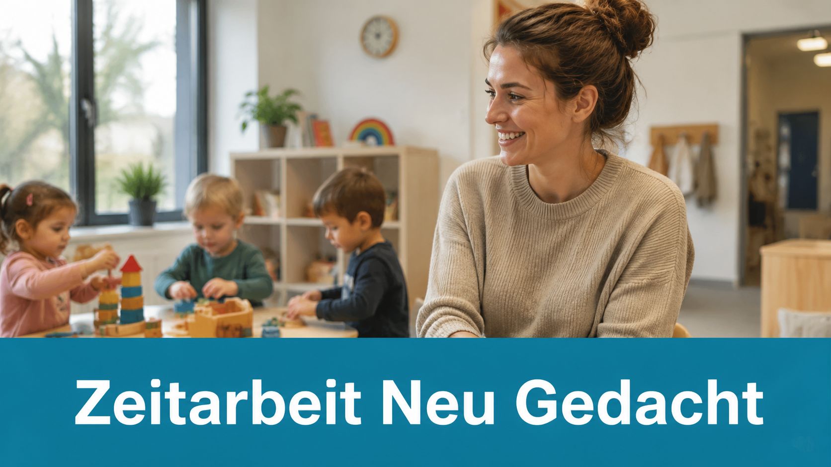 Eine lächelnde Erzieherin sitzt mit Kindern zusammen, die gemeinsam in einem hellen Kindergarten mit Holzklötzen spielen.