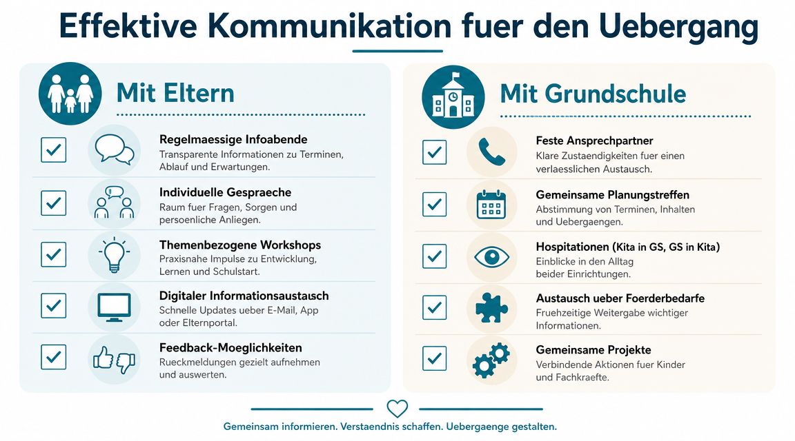 Übersicht zur effektiven Kommunikation für den Übergang von der Kita in die Grundschule zwischen Eltern und Lehrkräften.