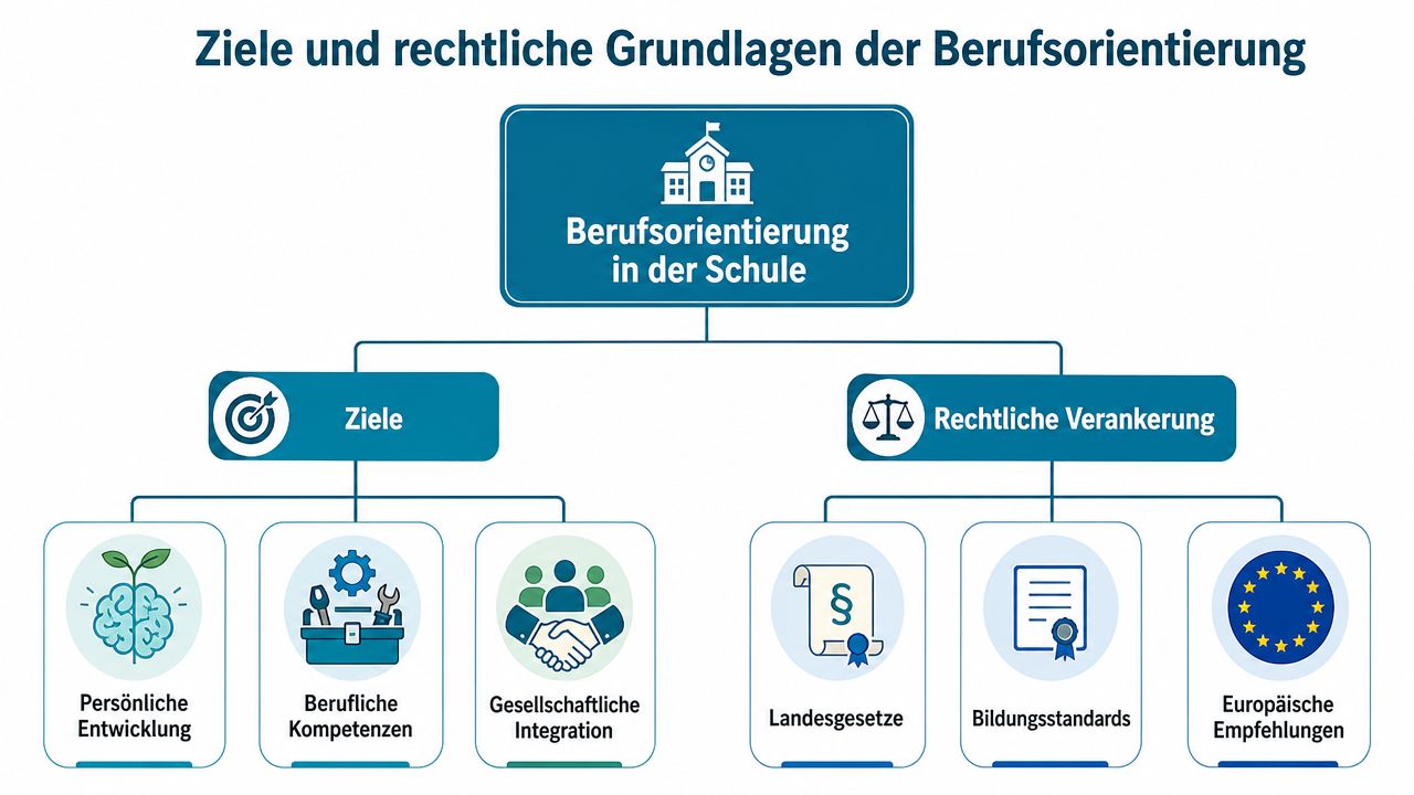 Ein strukturelles Diagramm zeigt die Ziele und rechtlichen Grundlagen der schulischen Berufsorientierung grafisch übersichtlich auf.