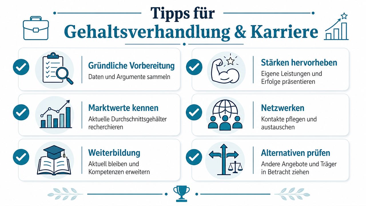 Infografik mit sechs wichtigen Tipps für Gehaltsverhandlungen und die eigene berufliche Karriereentwicklung übersichtlich dargestellt.