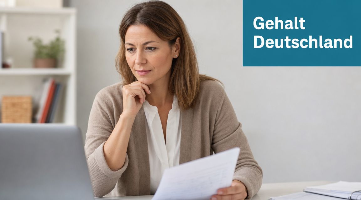 Eine Frau arbeitet konzentriert am Laptop und hält ein Dokument in der Hand, um Gehaltsdaten zu prüfen.