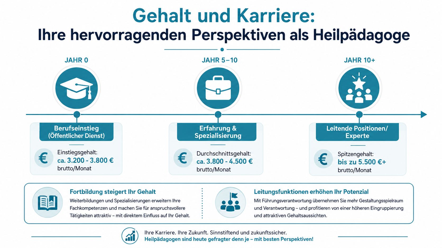 Eine Infografik zur Gehaltsentwicklung und zu Karriereperspektiven für Heilpädagogen vom Berufseinstieg bis zu leitenden Positionen.
