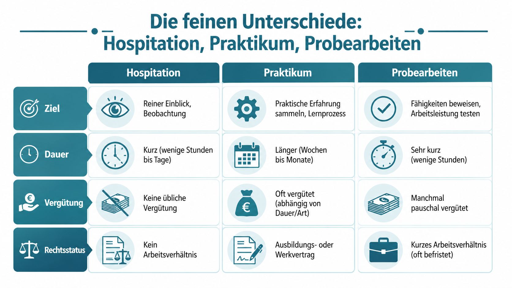 Eine Infografik erklärt die Unterschiede zwischen Hospitation, Praktikum und Probearbeiten hinsichtlich Ziel, Dauer, Vergütung und Rechtsstatus.
