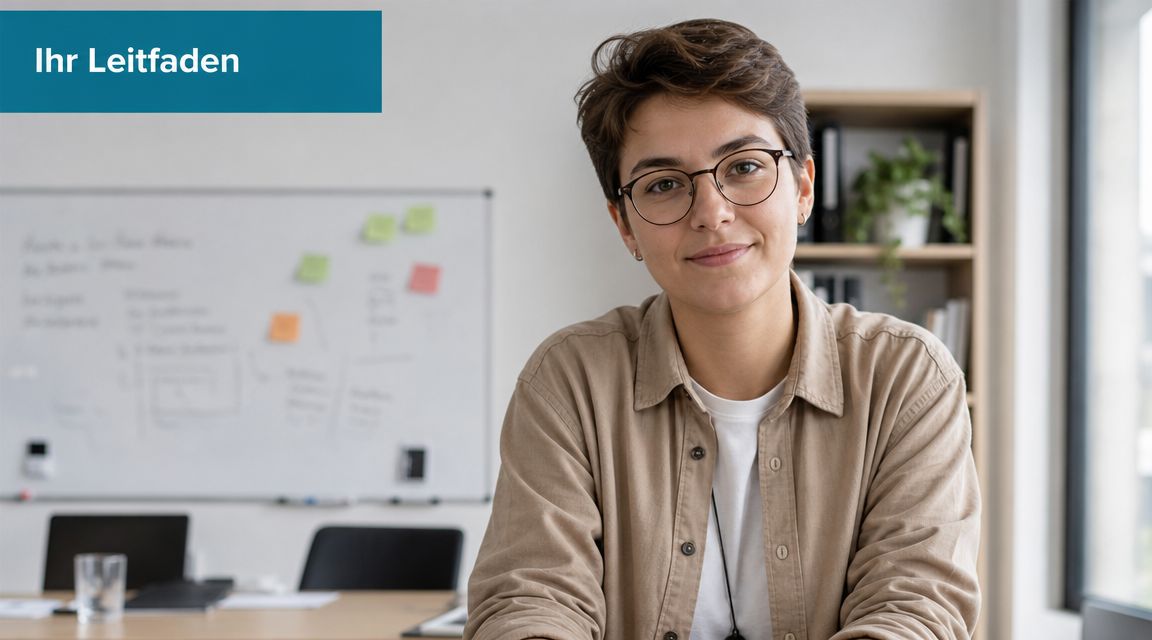 Eine junge Person mit Brille lächelt freundlich in einem modernen Büro vor einem Whiteboard mit Notizen.