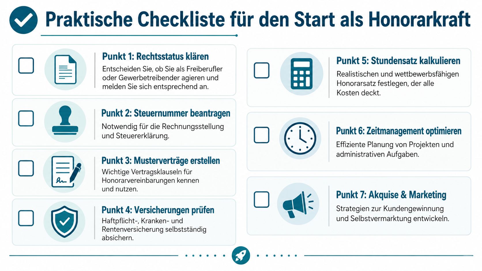 Eine strukturierte Checkliste für den erfolgreichen Start als Honorarkraft mit sieben wichtigen Schritten für angehende Selbstständige.