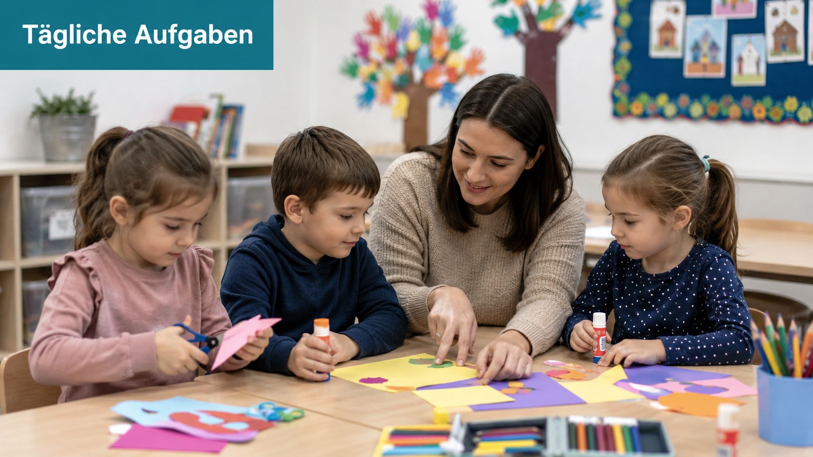 Eine Pädagogin hilft zwei Kindern im Kindergarten dabei, gemeinsam an einem Basteltisch verschiedene Papierfiguren auszuschneiden und aufzukleben.