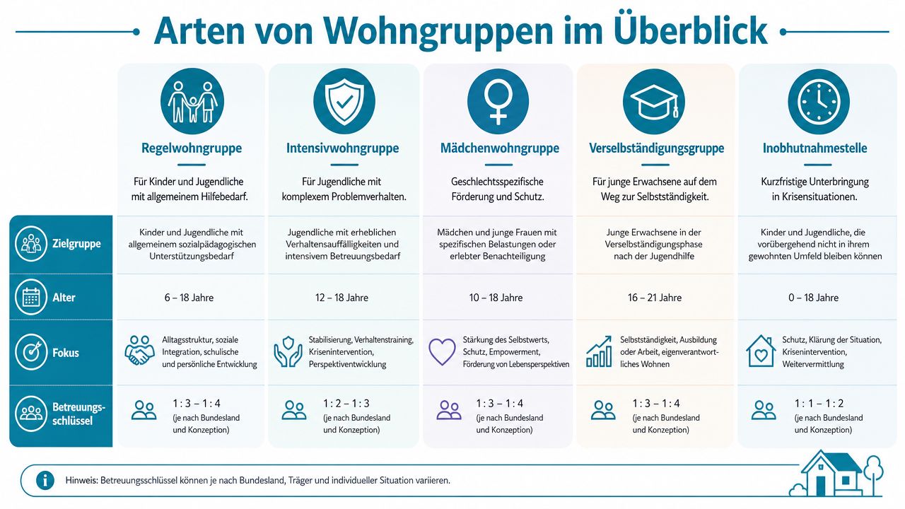 Eine Übersichtstabelle der verschiedenen Arten von Wohngruppen für Kinder, Jugendliche und junge Erwachsene in der Jugendhilfe.