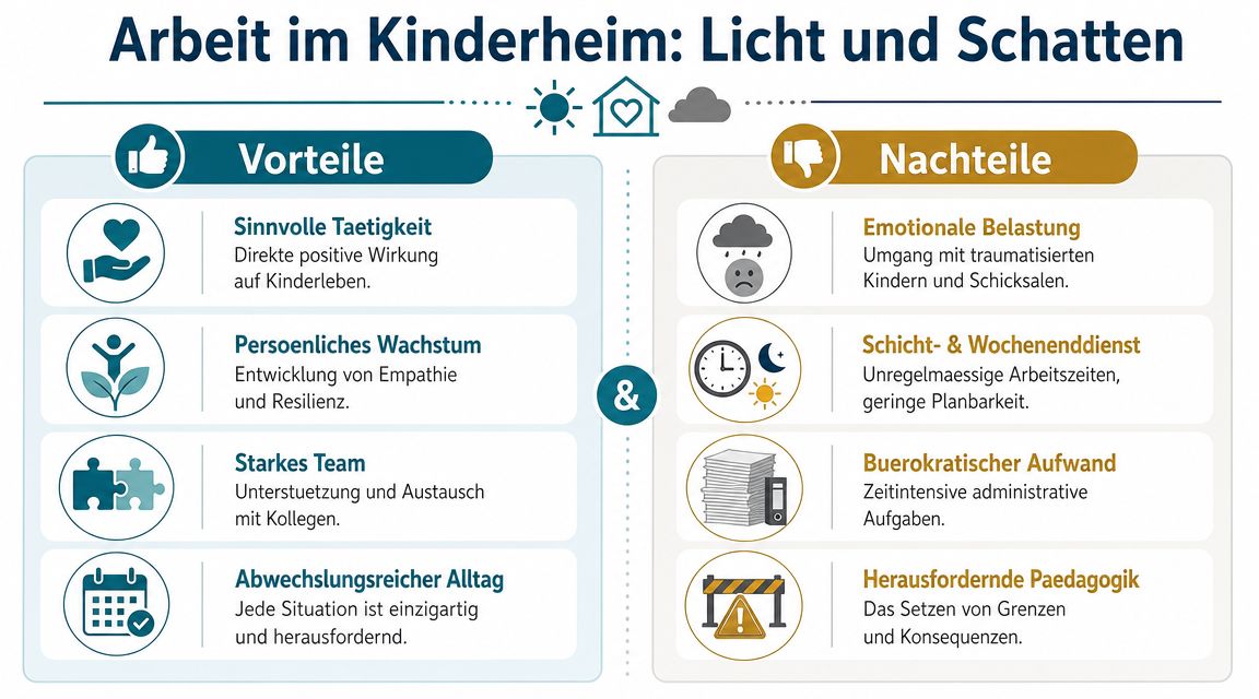 Infografik über die Vor- und Nachteile der Arbeit in einem Kinderheim mit verschiedenen Kategorien und Symbolen.
