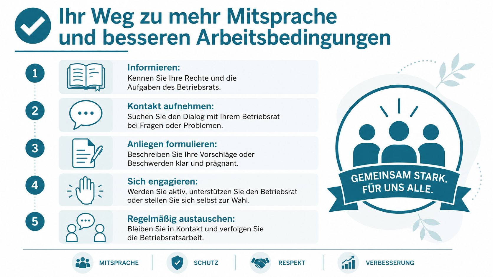 Eine Infografik erklärt die fünf Schritte zur aktiven Mitbestimmung und Verbesserung der Arbeitsbedingungen durch den Betriebsrat.
