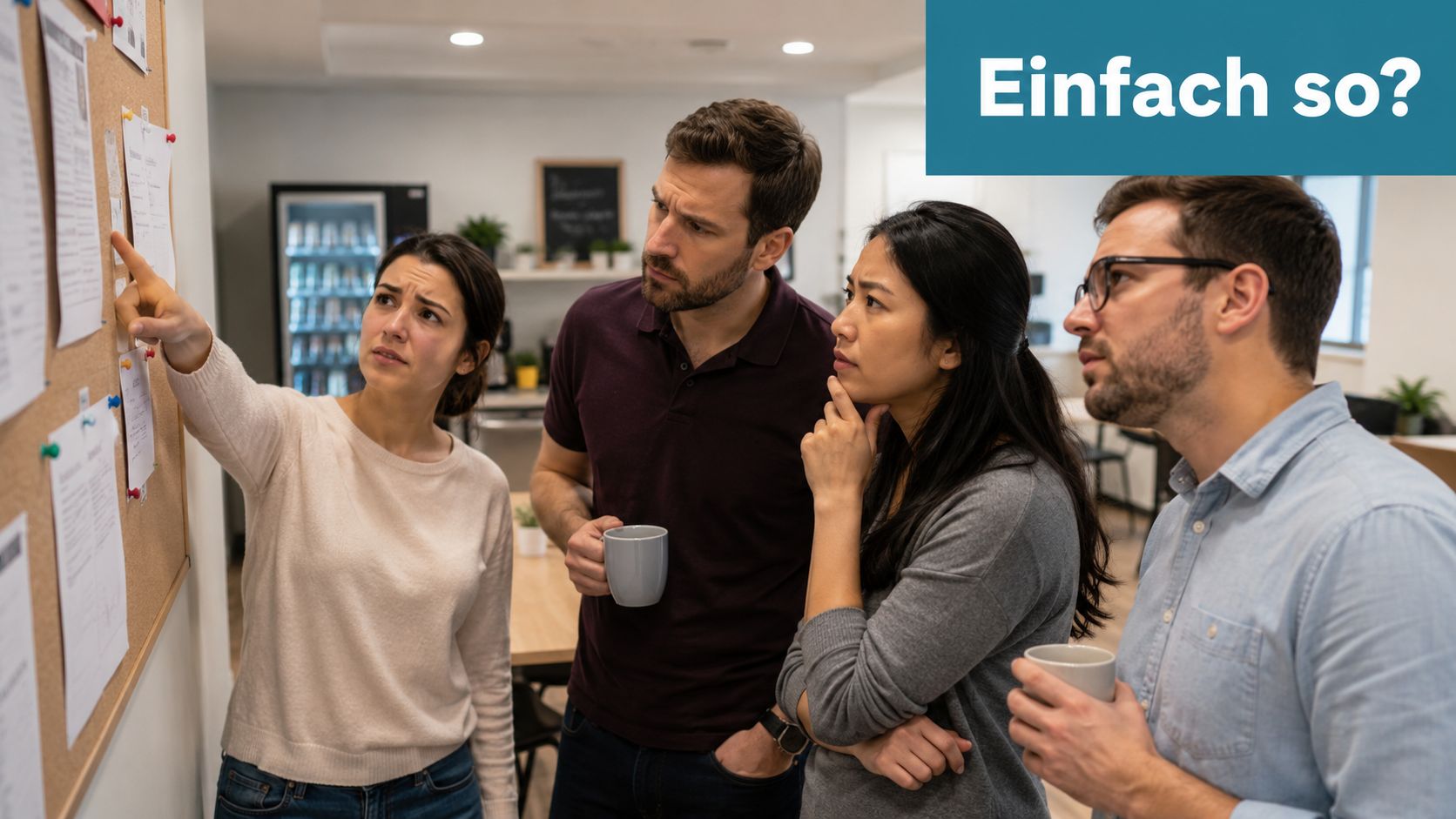 Ein Team von Mitarbeitern betrachtet nachdenklich eine Pinnwand mit Unterlagen in einem modernen Bürogebäude.