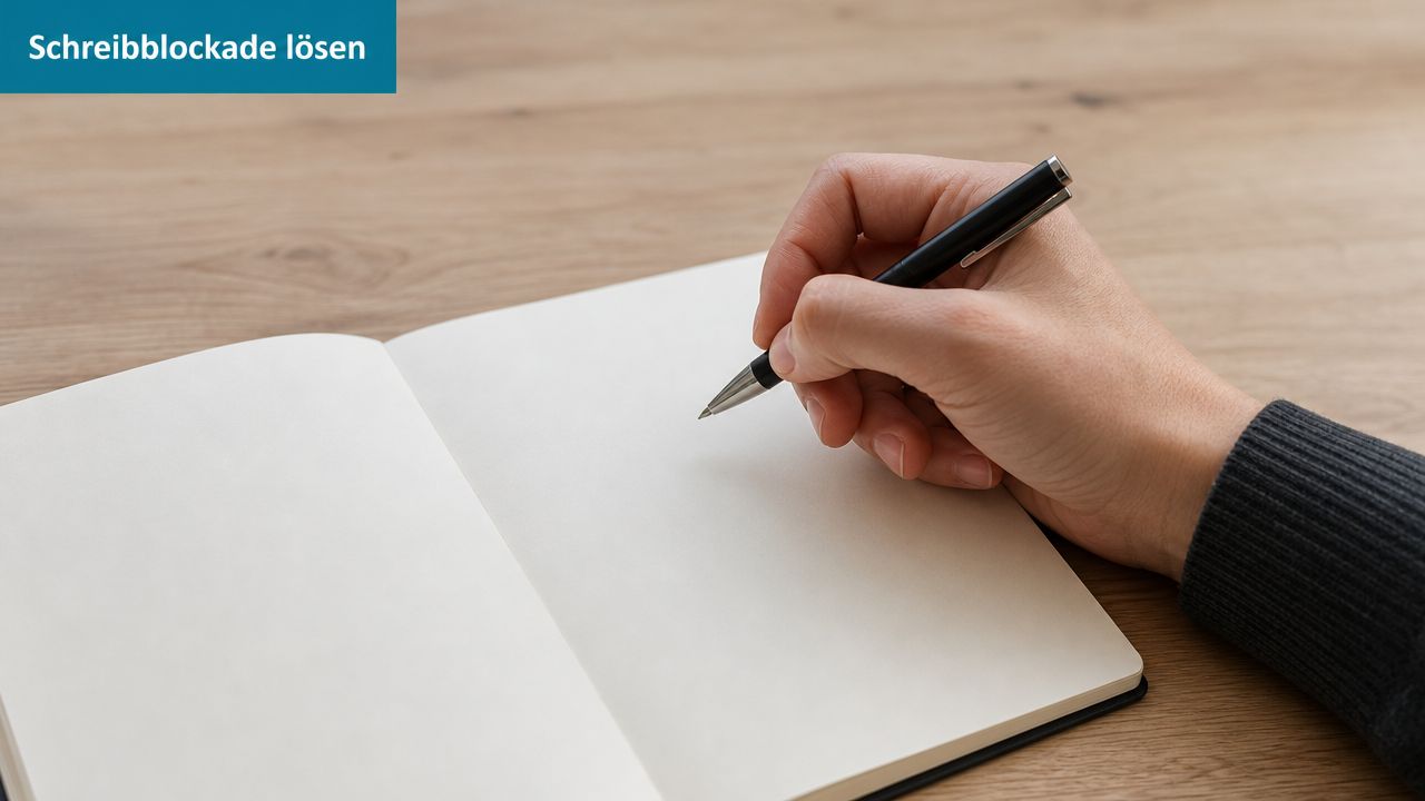 Eine Hand hält einen Stift über einem leeren Notizbuch auf einem hölzernen Schreibtisch, um Schreibblockaden zu lösen.