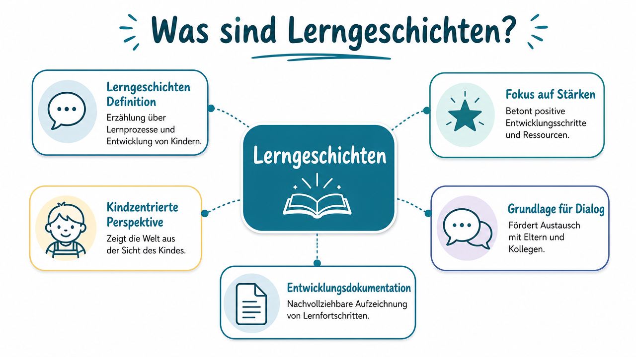 Eine Infografik erklärt das Konzept von Lerngeschichten in der frühkindlichen Bildung mit ihren verschiedenen Merkmalen.