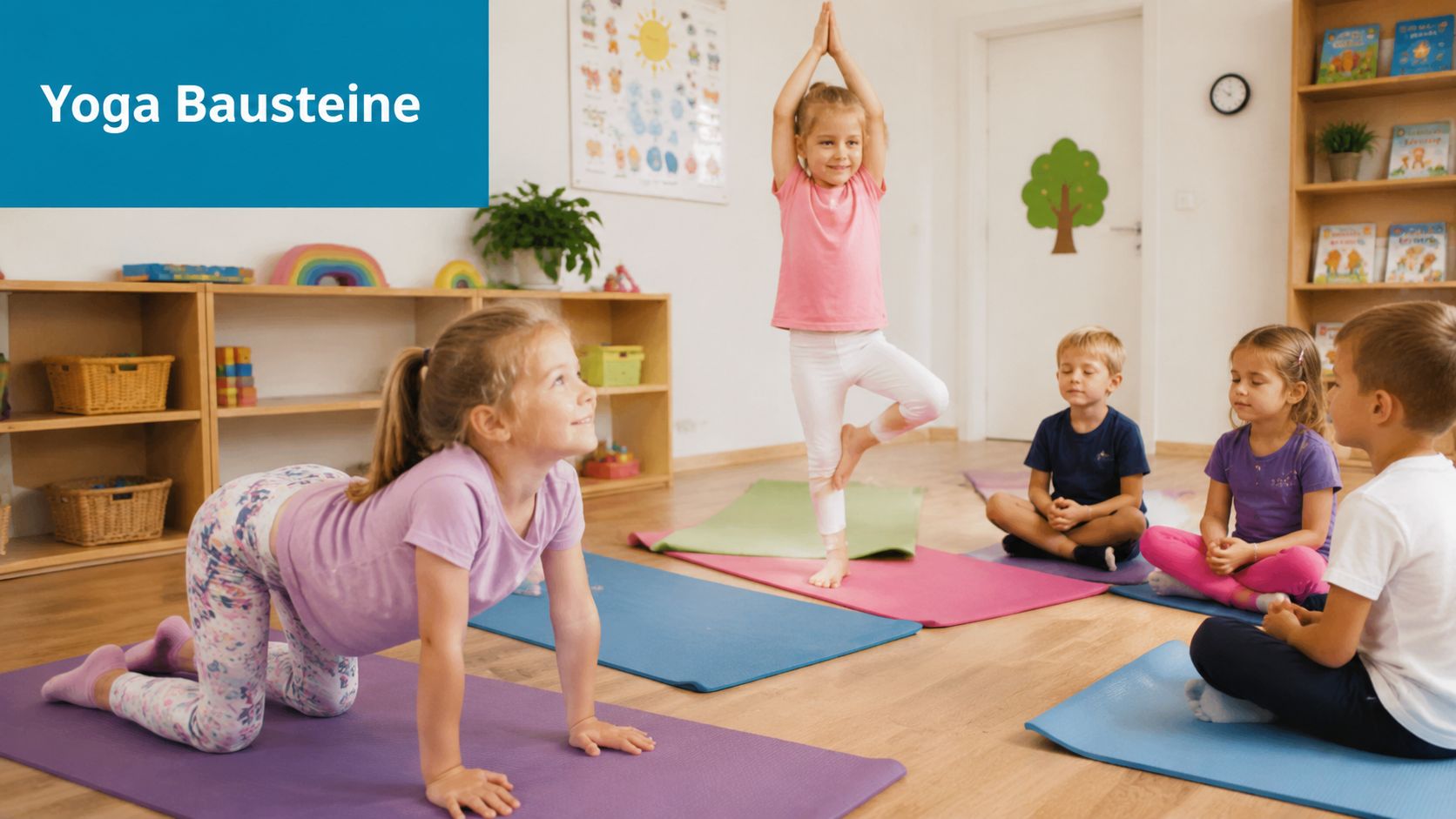 Eine Gruppe von Kindern im Kindergarten übt gemeinsam Yoga auf bunten Yogamatten im Klassenzimmer.