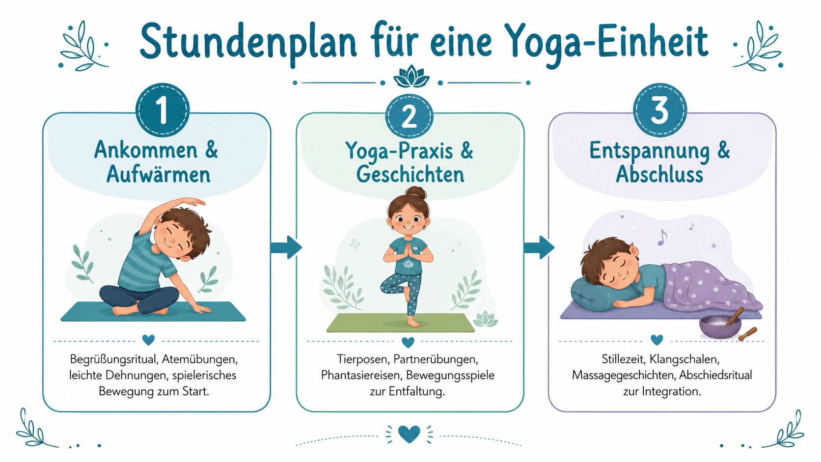 Ein bunter Stundenplan für eine Yoga-Einheit für Kinder mit drei Phasen: Aufwärmen, Yoga-Praxis und Entspannung.