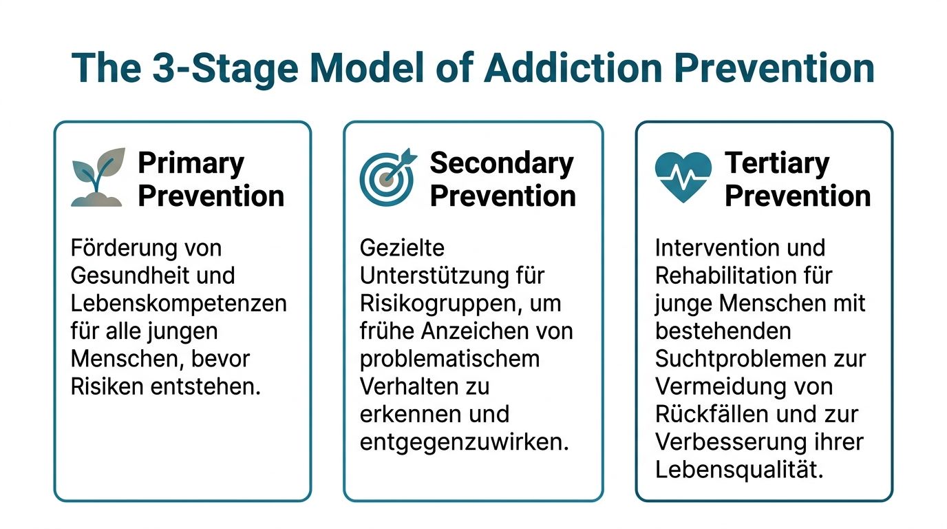 Eine Infografik erklärt das 3-Stufen-Modell der Suchtprävention: Primär-, Sekundär- und Tertiärprävention für junge Menschen.