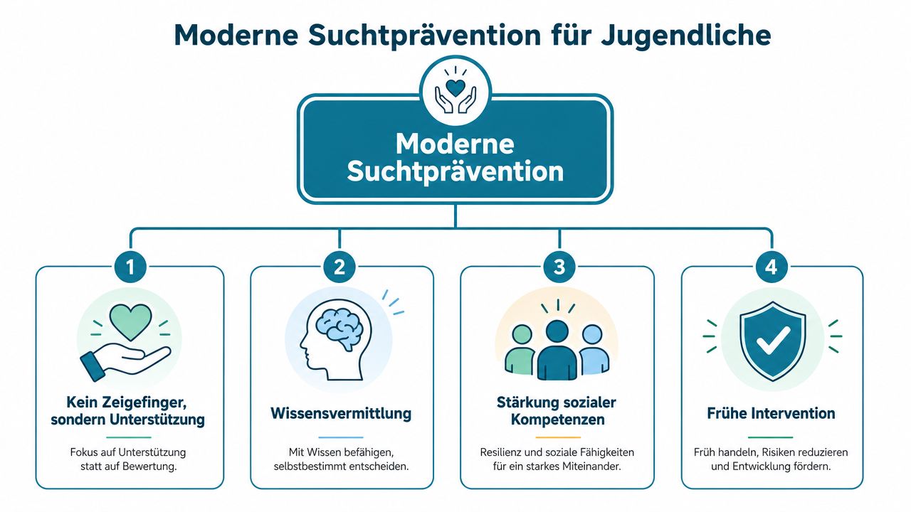Infografik zur modernen Suchtprävention für Jugendliche mit vier zentralen Ansätzen wie Unterstützung und Kompetenzstärkung.