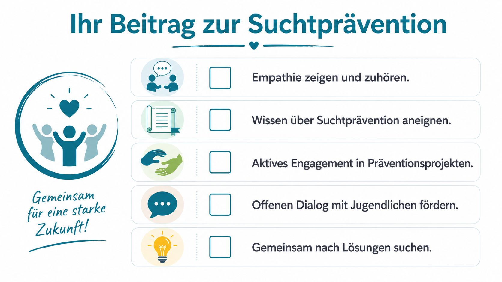 Eine Checkliste mit fünf Schritten zur Suchtprävention, um gemeinsam mit Jugendlichen eine starke Zukunft zu gestalten.